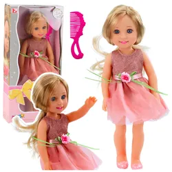 Puppe in einem Kleid mit Schleife, langen Haaren, rosa Kamm, 38 cm