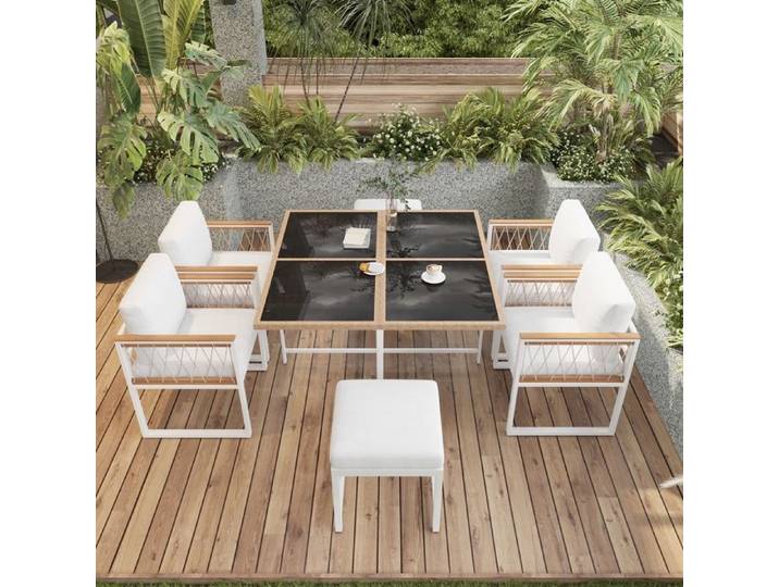 Salon de Jardin Exterieur 6 Personnes Mobilier de Jardin meubles de jardin avec chaises coussins amovibles et lavables