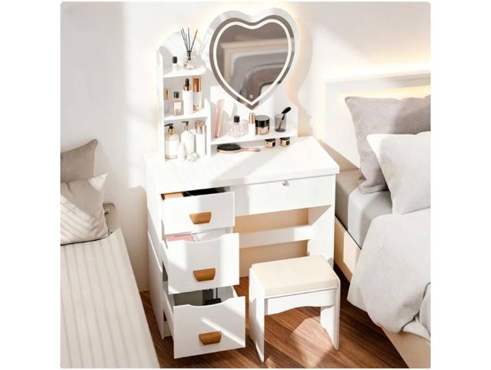 Coiffeuse - WILITTO - Table de Maquillage - Tabouret assorti - 3 options d'éclairage - 4 Tiroirs et Étagères Ouvertes - 80x40x135cm