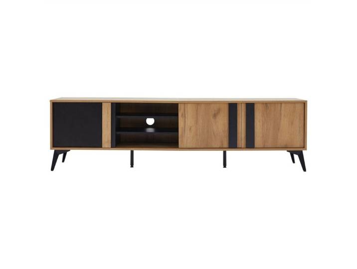 Meuble TV marron rustique 180cm - Buffet bas coffre TV pour téléviseurs jusqu'à 85  - Porte + compartiment ouvert