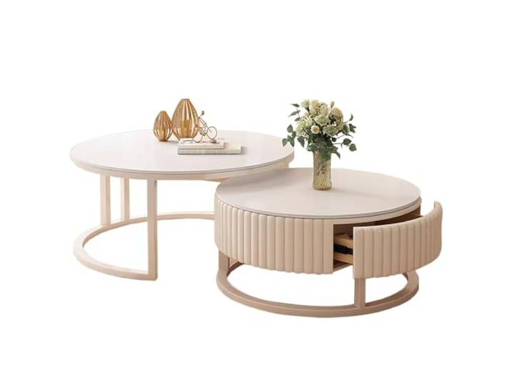 HRXQ Runder Couchtisch Weiß 2er Set Wohnzimmertisch Rund Für Wohnzimmer, Metallgestell+8mm Verdickte Felsplatte (70cm+50cm)