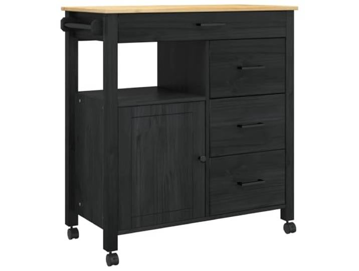 Foknhdi Küchentrolley Monza Schwarz 84x40x88,5 cm Massivholz Kiefer Praktischer Servierwagen aus Kiefernholz mit Schublade, Ablage und feststellbaren Rollen für Küche sowie Esszimmer.