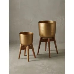 KADIMA DESIGN Alu-und-Holz Pflanzenkübel Set in Gold/Braun, modern & elegant, für stilvolle Inneneinrichtung