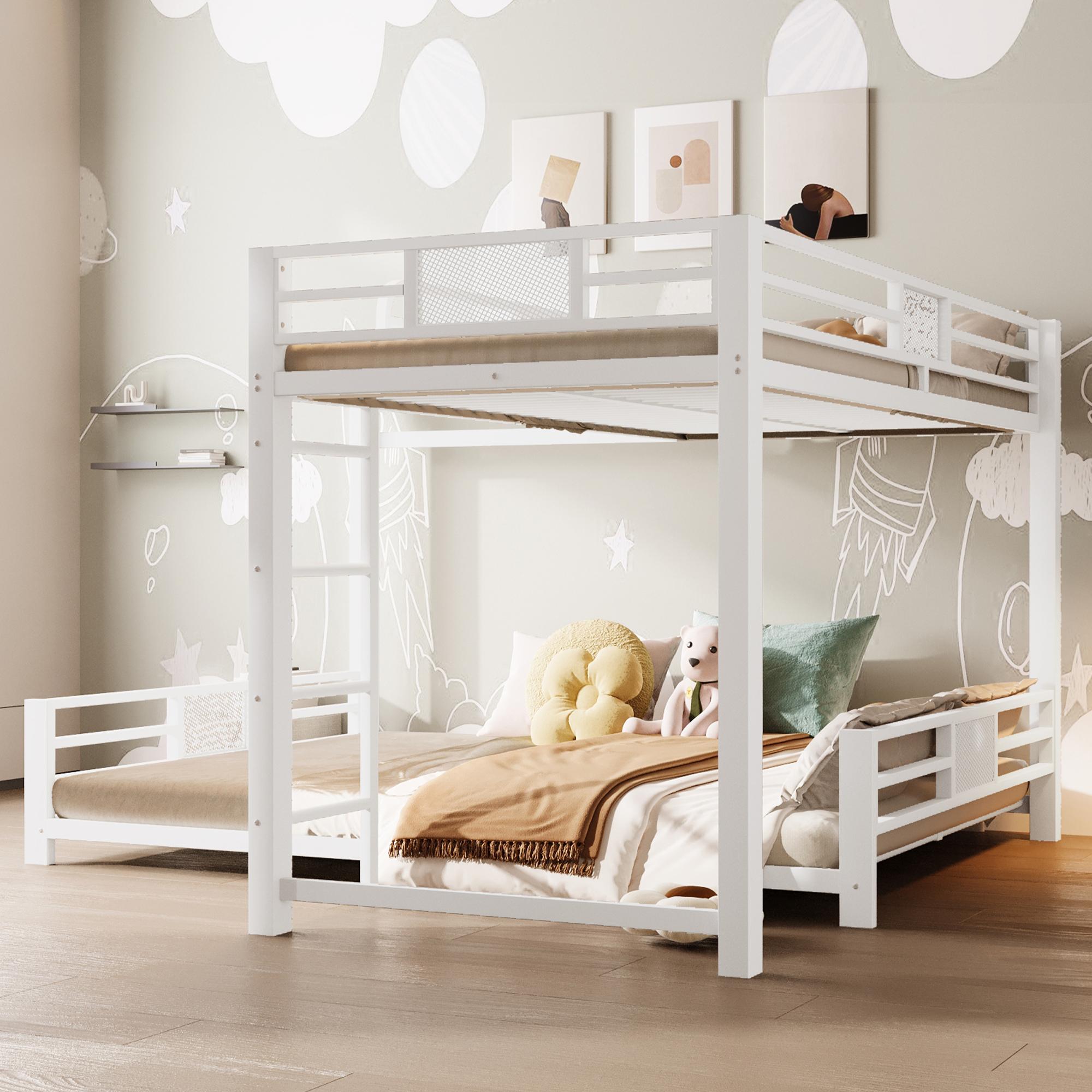 MODFU Kinderbett 90/140x200 cm mit Rausfallschutz,Doppelbett L-förmiges Bettrahmen-Design,für Jungen und Mädchen geeigneter Bettrahmen,Weiß,Mit zwei Matratze