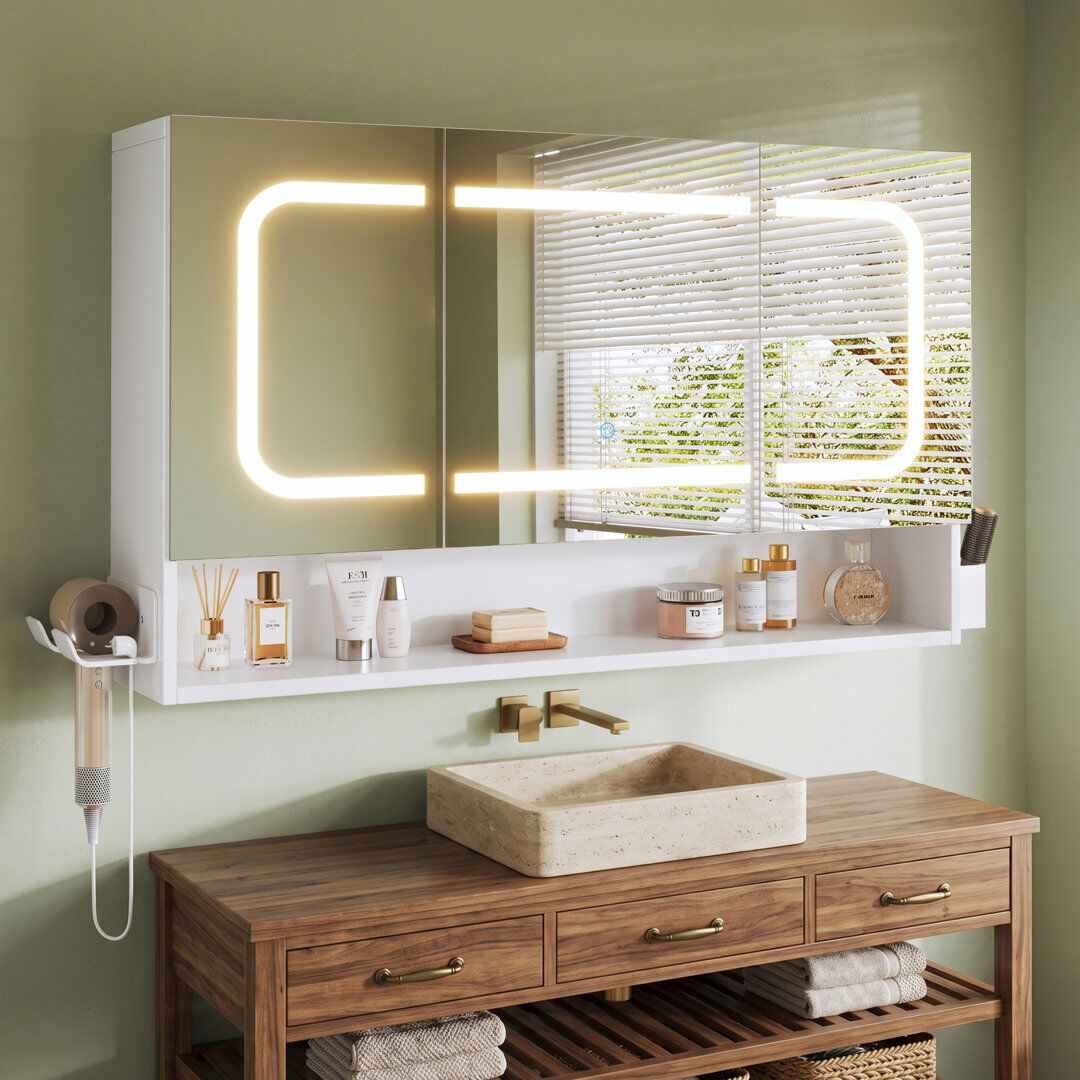 Brayden Studio Bathroom Mirror Cabinet, Wall-Mounted Bathroom Vanity Cabinet with Backlit Anti-Fog LED Mirror Natural 3 door