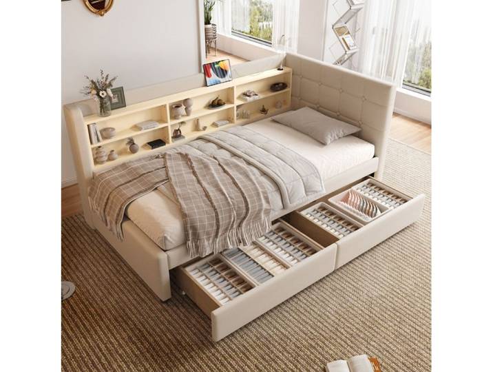 lit adulte daybed rangement 90x200 avec USB Type C et etageres tete de lit en lin beige EVRYAE