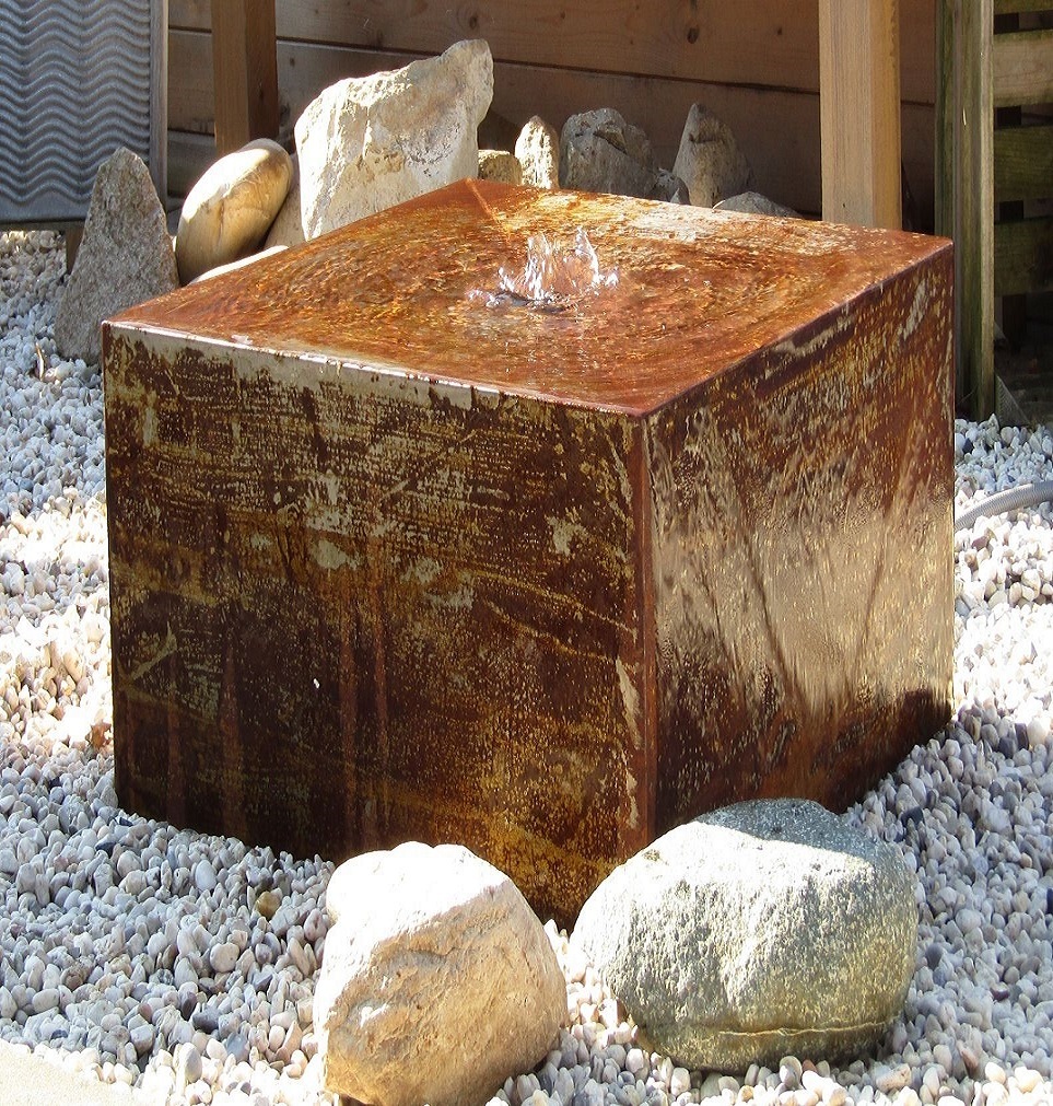 Brunnenquader 60/60/60 cm Roststahl Cortenstahl Gartenbrunnen Quader Würfel ohne Becken