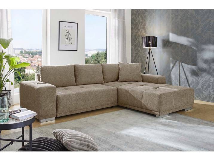 Ecksofa JOCKENHÖFER GRUPPE Luciano L-Form, B: 282 cm , braun (hellbraun), B:282cm T:100cm, Korpus: 95% Polyester, 5% Nylon;Kissen: 95% Polyester, 5% Nylon, Sofas, Ecksofa, mit Schlaffunktion, Bettkasten, induktive Ladestation & USB-Anschluss