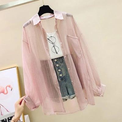 Perfect Picks Market Elegant Summer Sunscreen Chiffon Blouse Casual Women See Through Cardigan pink l