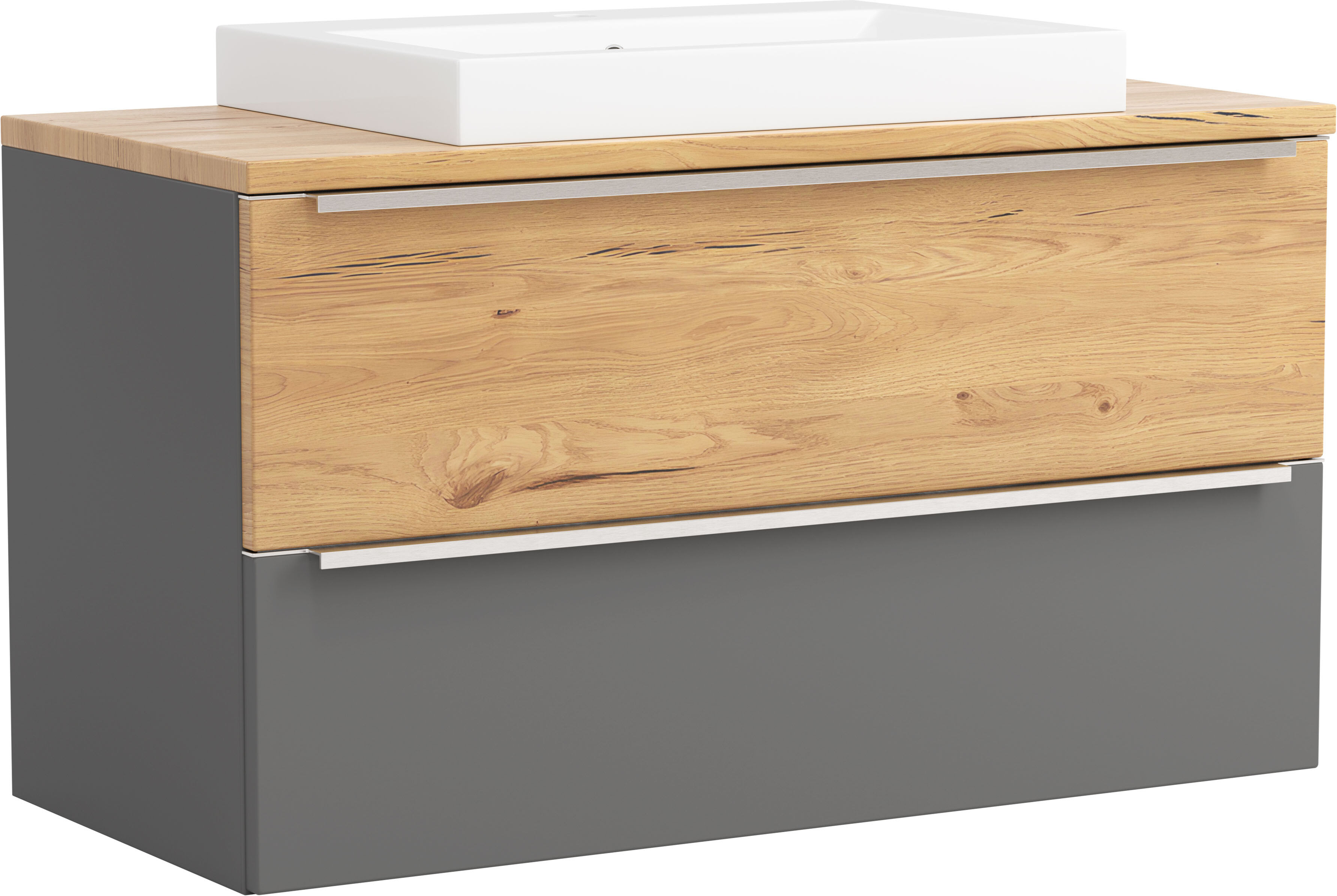 Waschtisch WELLTIME "TRIENT, Softclose-Auszüge, Keramikbecken", grau (matt onyx, grau, wildeiche, matt onyx, grau), B:100cm H:63cm T:47cm, Waschtische, Waschtisch, matt onyx-grey/wildeiche, Keramikbecken matt onyx, grau, wildeiche, matt onyx, grau B/H/T: 