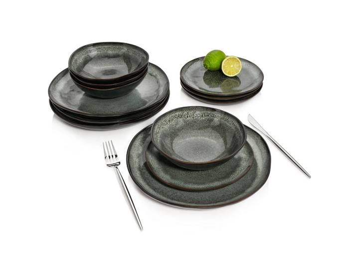 Sänger Tafelservice Kopenhagen - 12 teilig aus Steingut, Dunkelgrün, Keramik, 12-teilig, 37x37x40 cm, kratzfest, Geschirr, Geschirrsets, Tafelservice