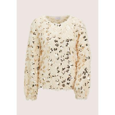 Langarmshirt MADELEINE "Sweatshirt Glitzersweatshirt mit Federn", Damen, Gr. 38, beige (beige, goldfarben), Obermaterial: 100% Polyester PES., Modern, Shirts Langarmshirt