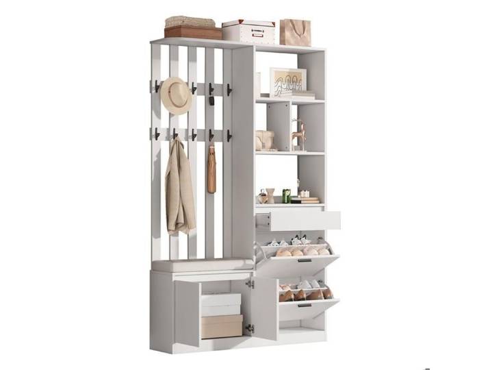 Porte-Manteau avec Étagère à Chaussures Meuble d Entrée avec Banc 5-en-1 30 x 120 x 200 cm Blanc