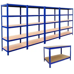 4x T-Rax Lagerregal 90cm Blau & Q-Rax Werkbank 120cm Blau im Set