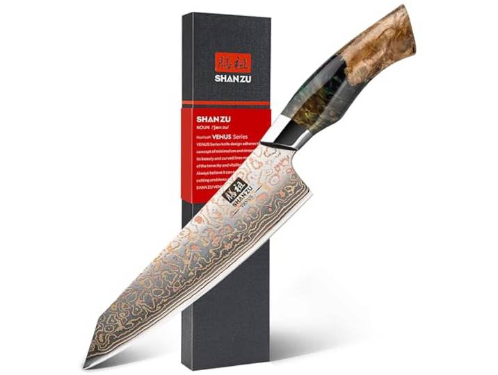 SHAN ZU Japanisches Kochmesser 20cm Damaststahl und Kupfer, Damastmesser Handgeschmiedetes Profi Küchenmesser 33 Schichten Damast & Kupfer - VENUS Series