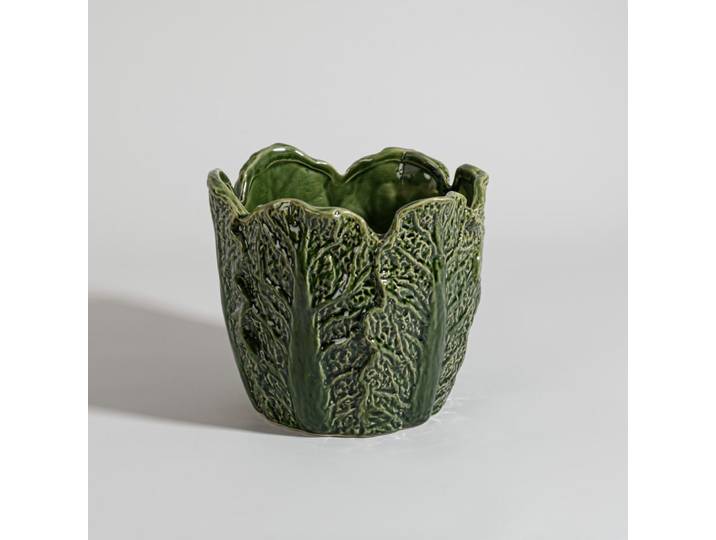 Grüner, kohlförmiger Pflanzkübel aus Steingut, H 17 cm