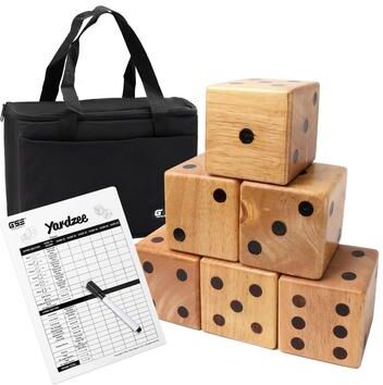 GSE Games & Sports Expert "GSE™ 3.5"" Rubber Hardwood Giant Yard Dice Set with Carrying Bag and Yardzee & Farkle Scorecard - Giant Dice Set"