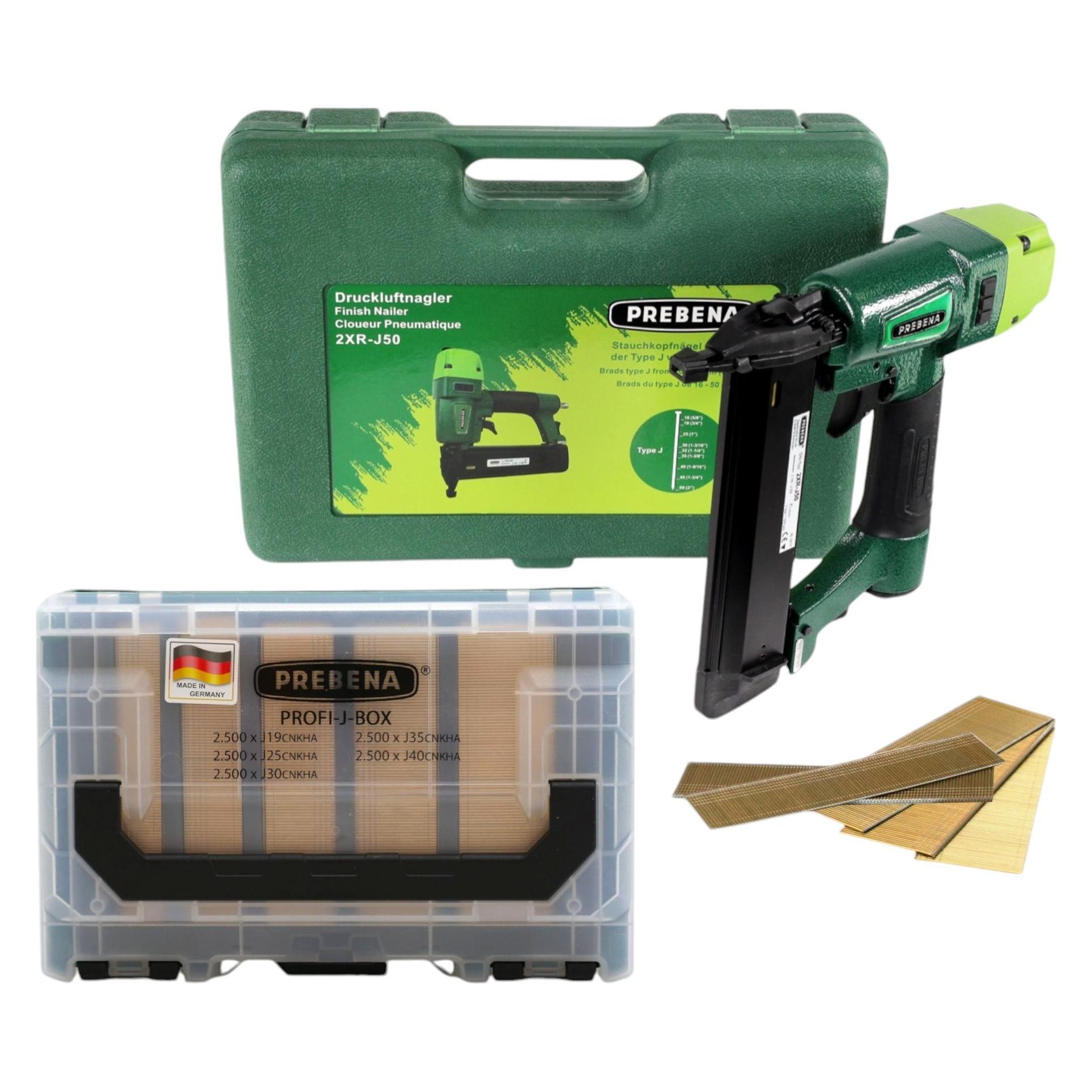 Prebena 2XR-J50 Druckluftnagler 4,0 - 7,0 Bar + PROFI-J-BOX Stauchkopfnägel Brads 12500 Stk. + (Nagelpistole) (2XR-J50)