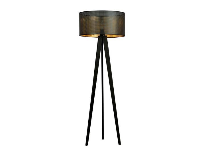 Lampadaire trépied en bois avec abat-jour noir et doré