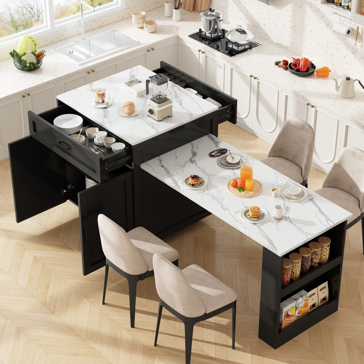 PHOEBE CAT Uitschuifbare Eettafel met Keukeneiland en 2 Lades - Marmerlook - Zwart/Wit