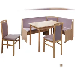 Truhen-Eckbankgruppe, Buche Natur Dekor; Eckbank, 2 Stühle + Vierfußtisch; Flachgewebe rosa
