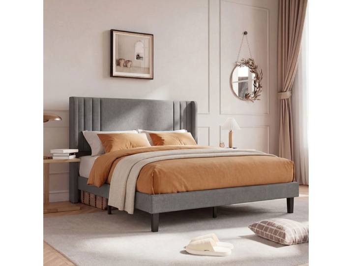 DADEA Lit double rembourré Cadre de Lit 160x200cm Lit capitonné avec Socle à lattes Lit 2 personnes Lin Gris