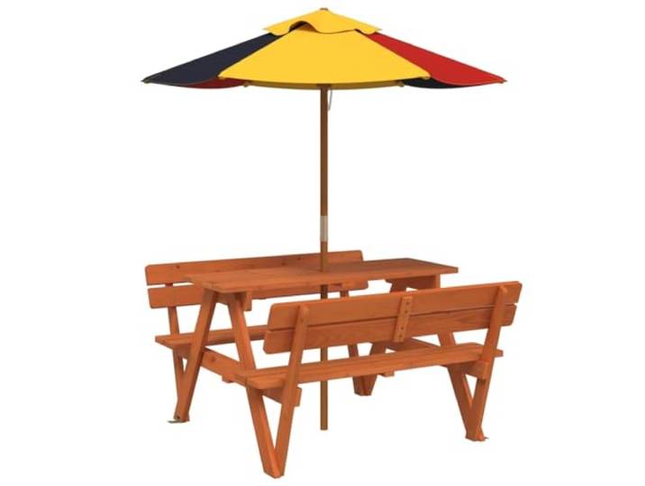 Foknhdi Picknicktisch mit Sonnenschirm Sitzgarnitur Tannenholz Braun Kompakte Sitzgruppe aus Tannenholz mit Schirm, ideal für gemütliche Stunden auf Terrasse, Balkon und Gartenbereich.