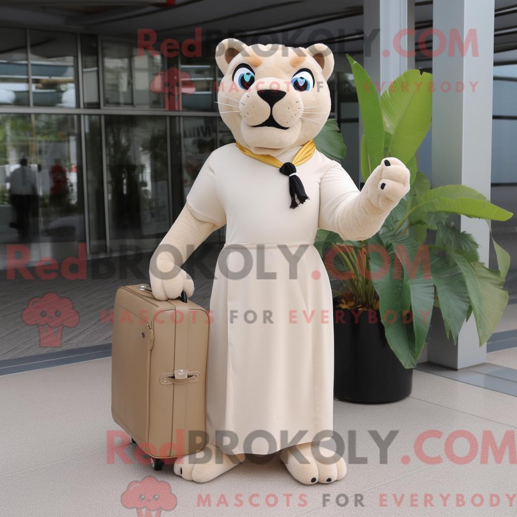 Maskottchenfigur REDBROKOLY eines beigen Panthers mit Maxirock und Aktentasche