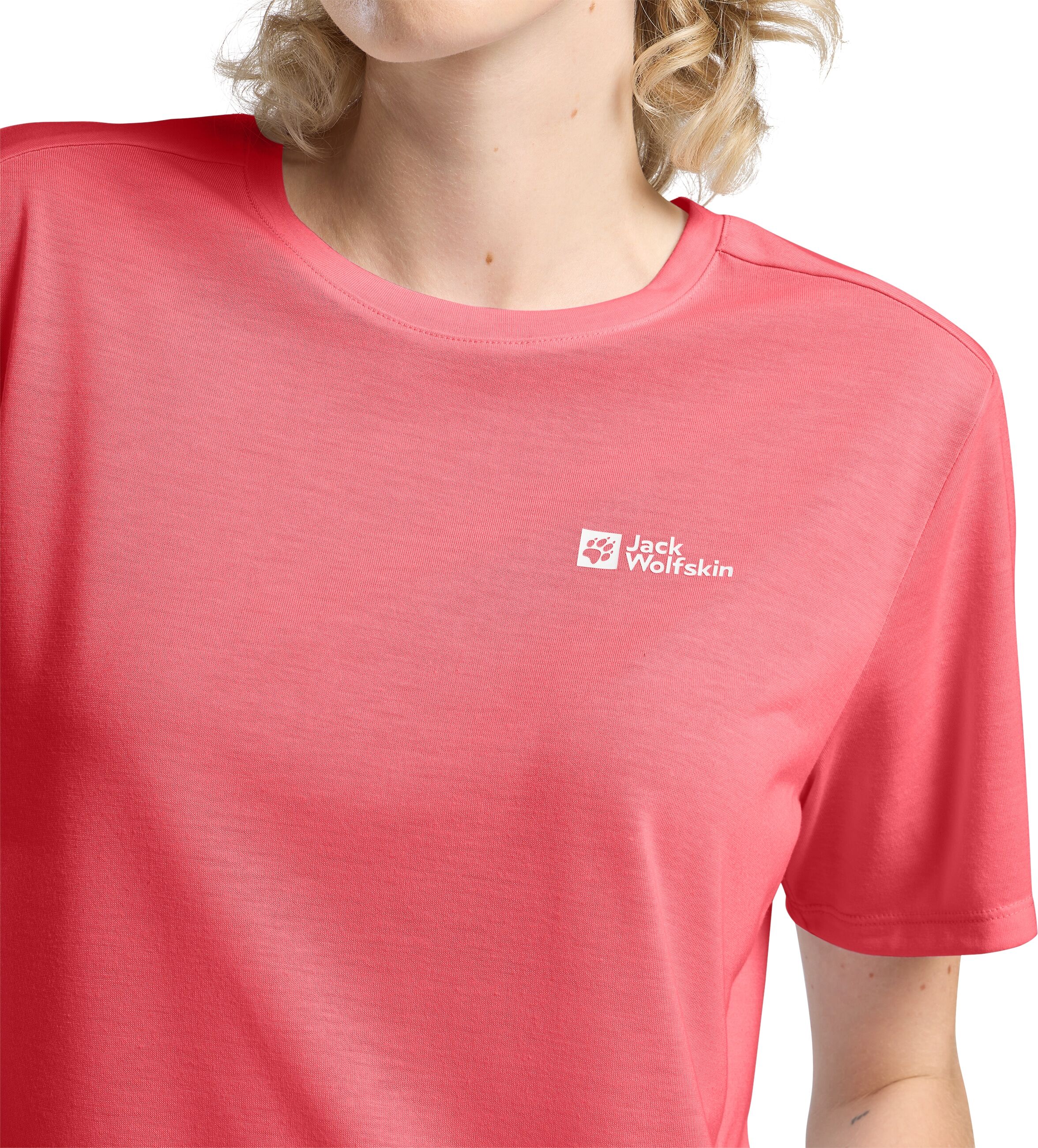 Funktionsshirt JACK WOLFSKIN "VONNAN S/S T W", Damen, Gr. S, orange (sunset coral), Obermaterial: 100% Polyester, Shirts Funktionsshirt, leichtes und atmungsaktives TEXADRI-Material, moderne Passform sunset coral S