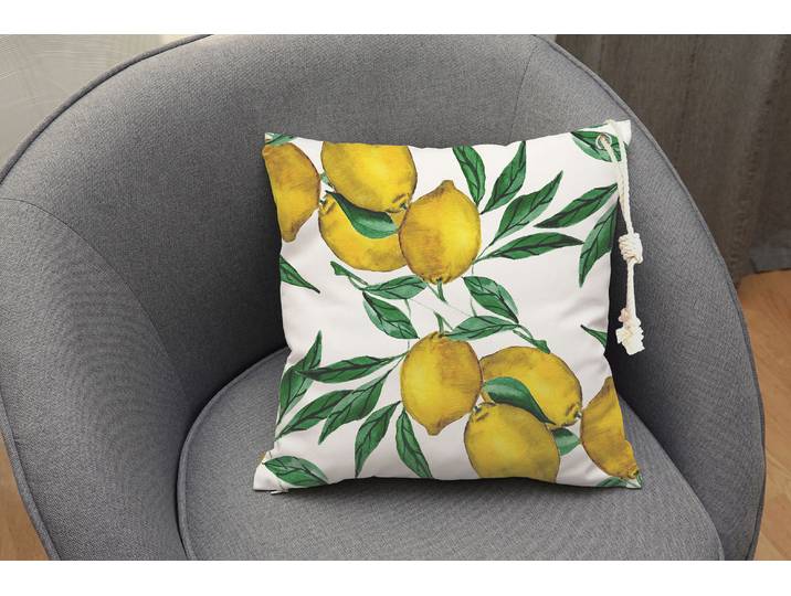 Dekokissen QUEENCE Mediterrane Zitronen mit Blättern , bunt (bunt, bedruckt gemustert), B:50cm L:50cm, Baumwolle, Polyester, Dekokissen_Sitzkissen_Kissenhüllen, Dekokissen, Outdoor-Kissen mit Öse und dicker Stoffkordel