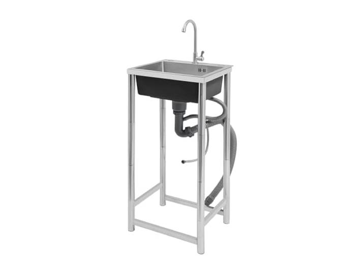 Freistehender Edelstahl-Dienstprogramm Waschbecken mit Wasserhahn und Abflussbrett- 45x41x75cm Großes Einschalen-Spülbecken mit Abflussrohr, rotbarem Wasserhahn und Anti-Odor-System für Wäsche,