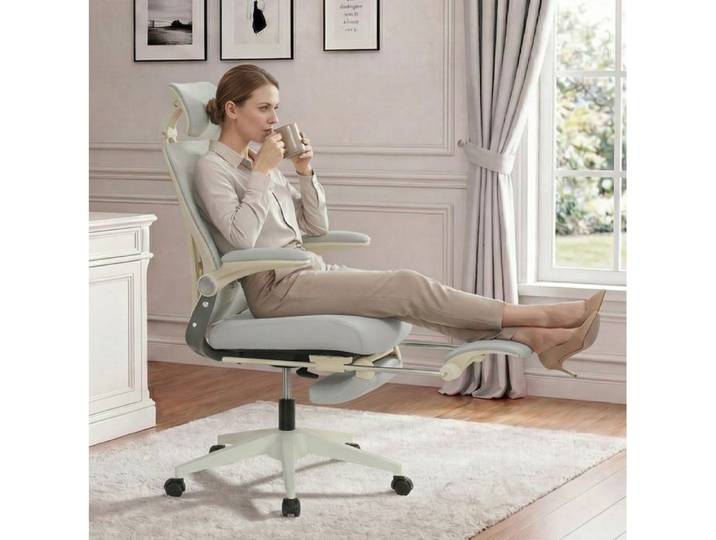 Chaise De Bureau Ergonomique Pliable Grise Chaise De Bureau Réglable FloraGrace Pour Bureau Dossier Rabattable 48.5x62x129cm