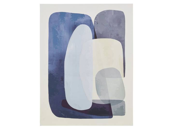 Abstraktes Leinwandbild, bedruckt und bemalt in Blau, Beige und Weiß, 90 x 120 cm