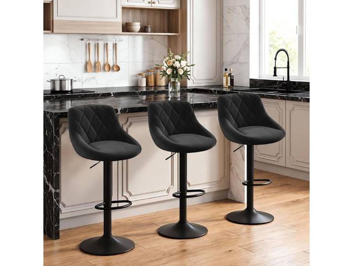 Tabouret de bar en velours noir - WOLTU - Lot de 3 - Hauteur réglable - Siège pivotant à 360° - Avec dossier