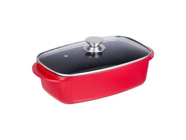 Relaxdays Plat à gratin avec couvercle en verre\, cocotte 5 L\, antiadhésif\, pour plaques électriques & au gaz\, rouge