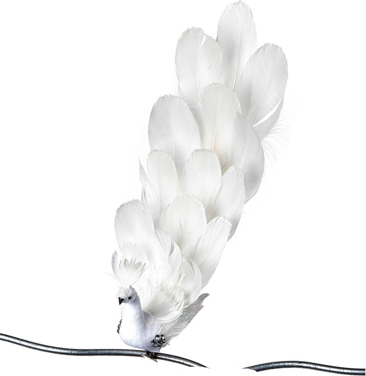 Goodwill Kerstbal Pauw op klip - Wit - Hoogte: 31 cm
