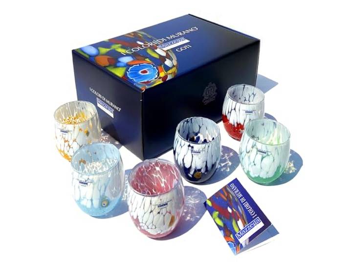 MAZZEGA ART & DESIGN Bicolor Waterglazen in Geblazen en Handbewerkt Glas met Murano Murrine - Murano Kleuren - Bicolor 380 ml. Gemaakt in Italië (6, MIX-SR) - Levering Inclusief Douane