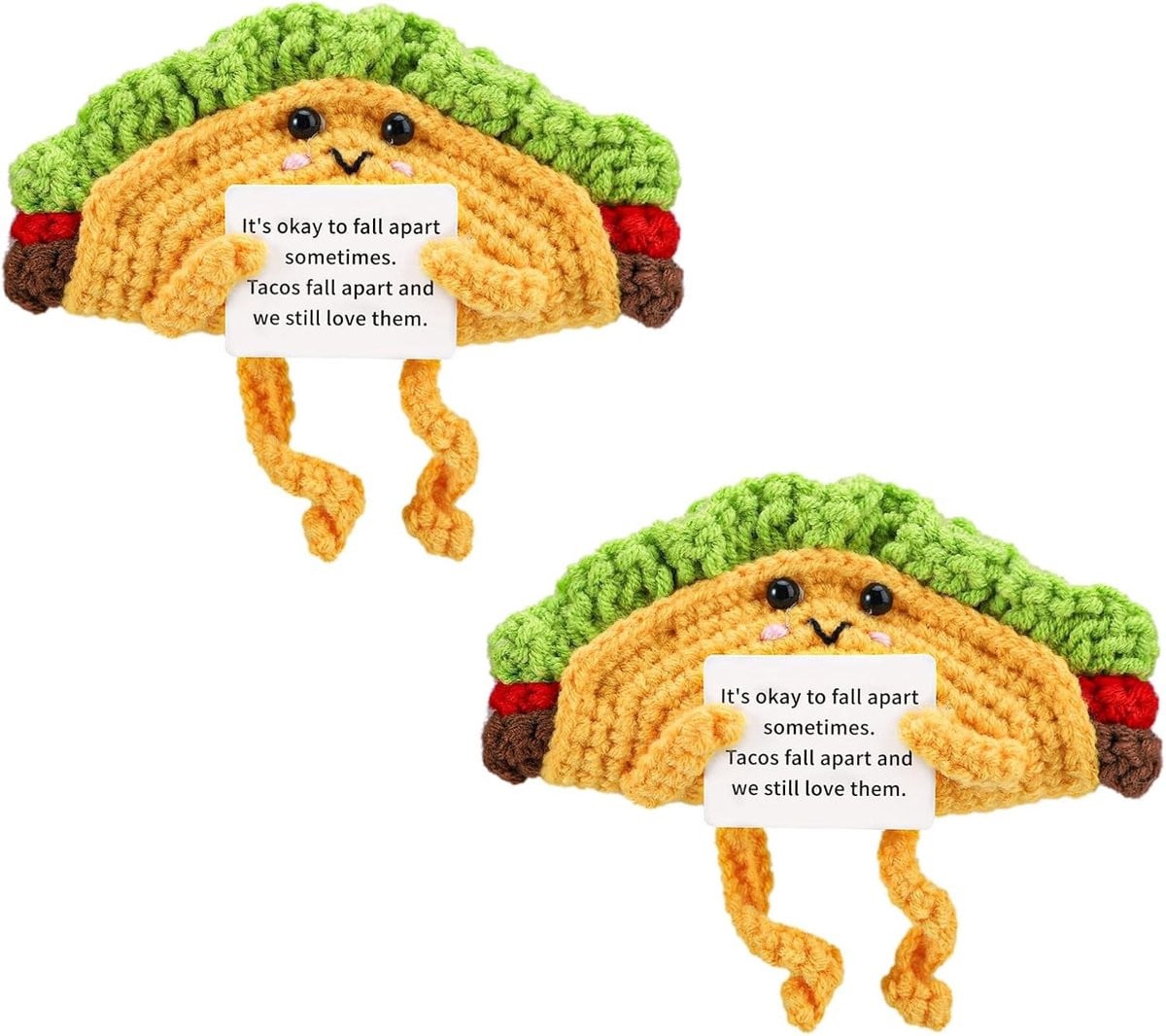 Set van 2 gehaakte positieve taco's als emotionele steun en decoratie voor thuis, kantoor of auto