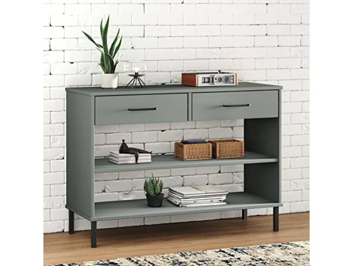 TEKGHUT Konsolenschrank Oslo Massivholz Kiefer Grau mit Metallbeinen 2 Schubladen, 2 offene Fächer, industrieller Stil, robuste Metallfüße, vielseitig nutzbar