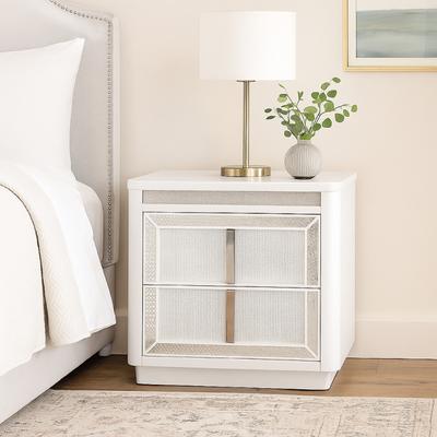 Benjara Canaal Nightstand, 2 Drawer, White Solid Wood, 28 Inch, LED Light
