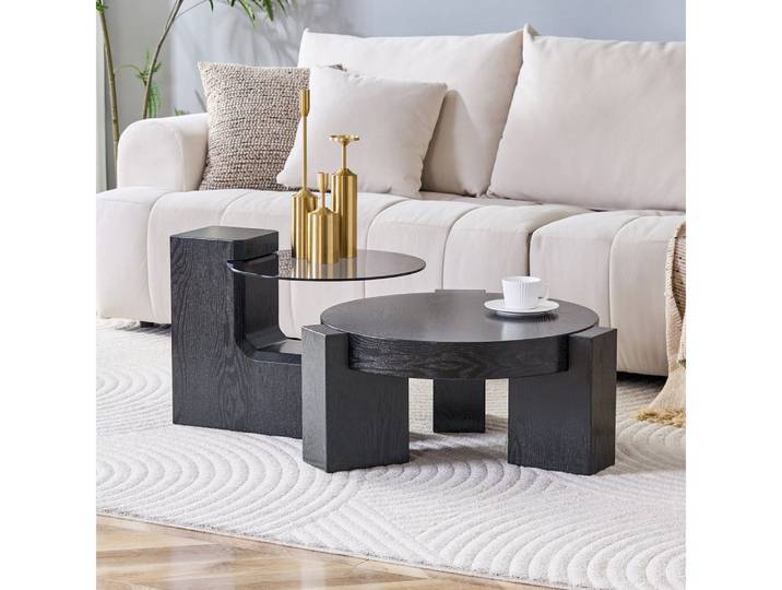 BBWL Couchtisch -Set Glas MDF Rund Zerlegbar Flexibel Stauraum Beistelltisch, Moderner Couchtisch-Set , Wohnzimmer Beistelltisch