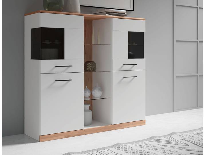 Highboard GOODPRODUCT Ribe,120cm breit,112cm hoch,Oberplatte massiv,12 Fächer , weiss (weiß, kernbuche), B:120cm H:112cm T:35cm, Sideboards, Highboard, Oberplatte Massivholz,schwarze Metall Griffe,2 Türen mit Glaseinsatz
