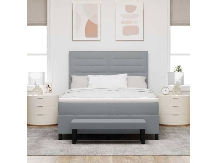KTHLBRH Boxspringbett mit Kopfteil hellgrau 140 x 200 cm Stoff Kopfteil verstellbar, 2 Stufen, Holzgestell, mittlere Matratze, einfache Montage