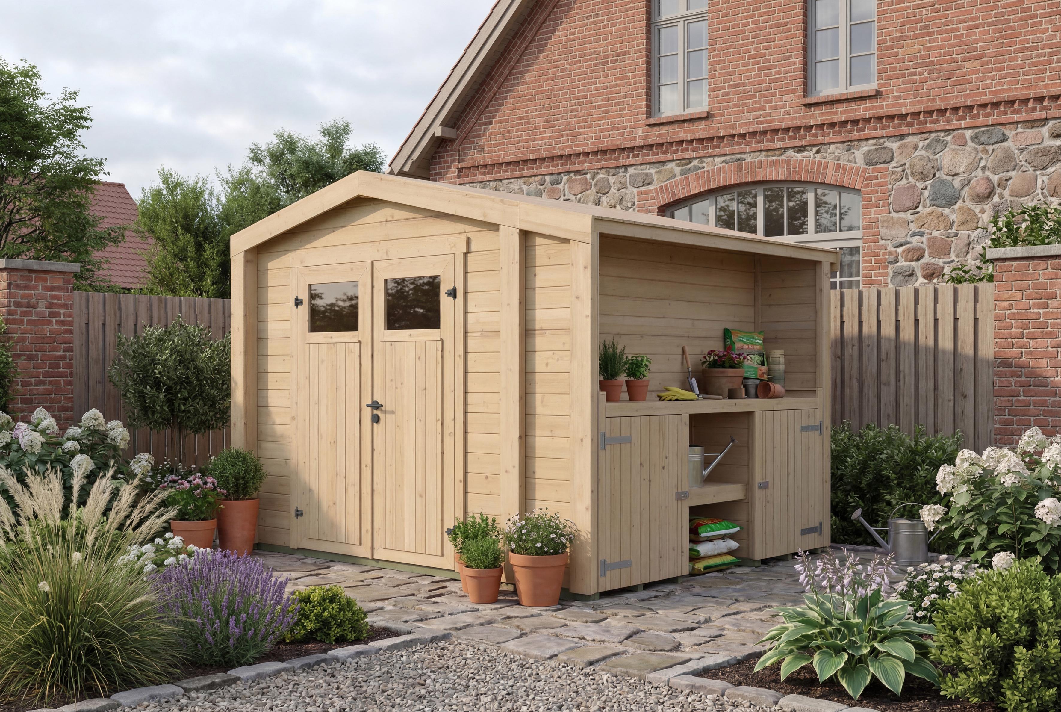 Gartenhaus Killarney, 300x250cm, Naturbelassen, 28mm, Pflanztisch, seitlicher Anbau