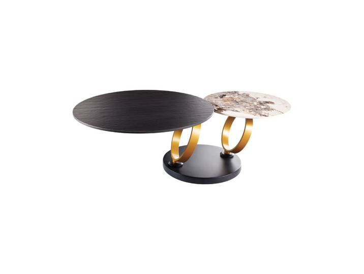 Table Basse Solyne 134 Cm Noire Avec Plateaux Rotatifs Effet Marbre Et Anneaux Dorés
