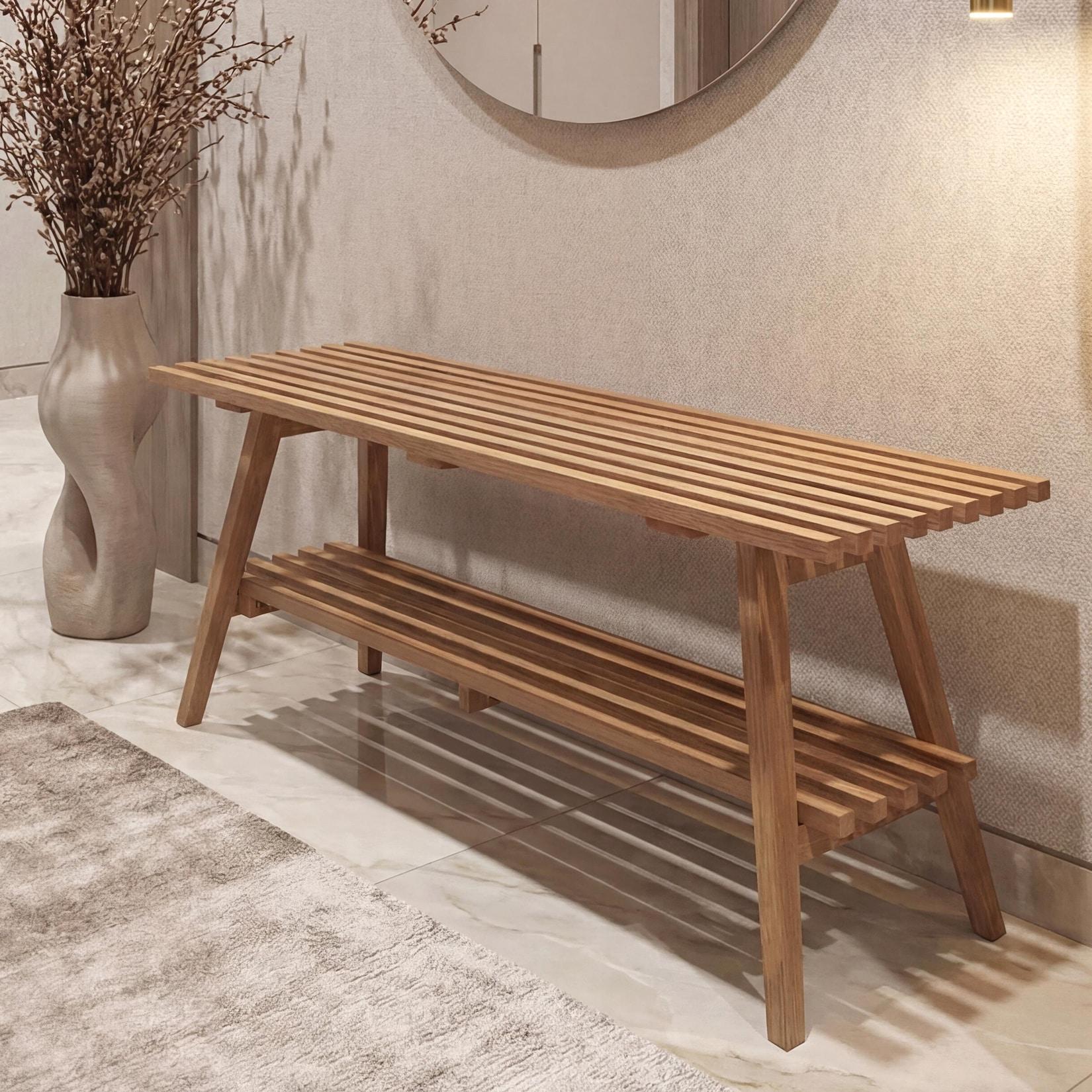 MCA Garderoben-Bank MCW-P56, Sitzbank Schuhregal Schuhablage Schuhbank Flurbank, 45x100x35cm, Massiv-Holz Eiche