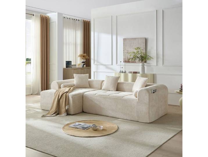 MEUBLIV Canapé d'angle compressé en chenille beige 4 places avec poche magazine