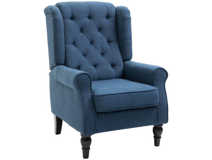 Homcom Ohrensessel Gepolstert Sessel mit Tufting, hoher Rückenlehne bis 160 kg, Blau, Holz, Echtholz,Eukalyptusholz, Füllung: Schaumstoff,Schaumstoff, 86x102x74 cm, Wohnzimmer, Sessel, Ohrensessel