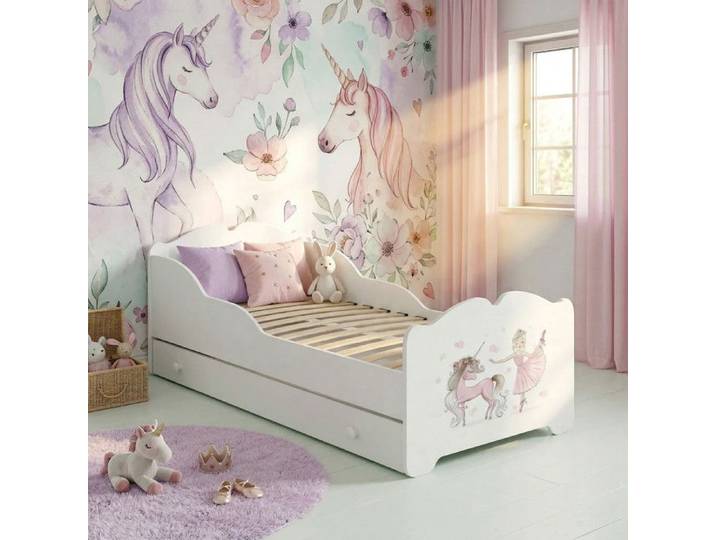 Lit enfant ANNA 160x80 avec tiroir motif fille avec licorne – blanc sans matelas