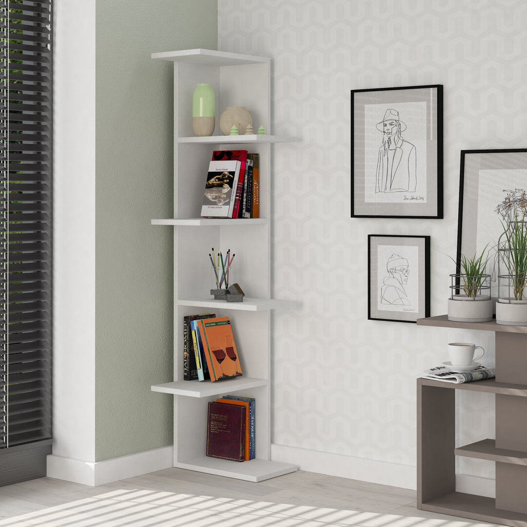 Zipcode Design Saso Corner Bookcase 5-Tier Storage Unit White 141cm H X 37cm W X 37cm D